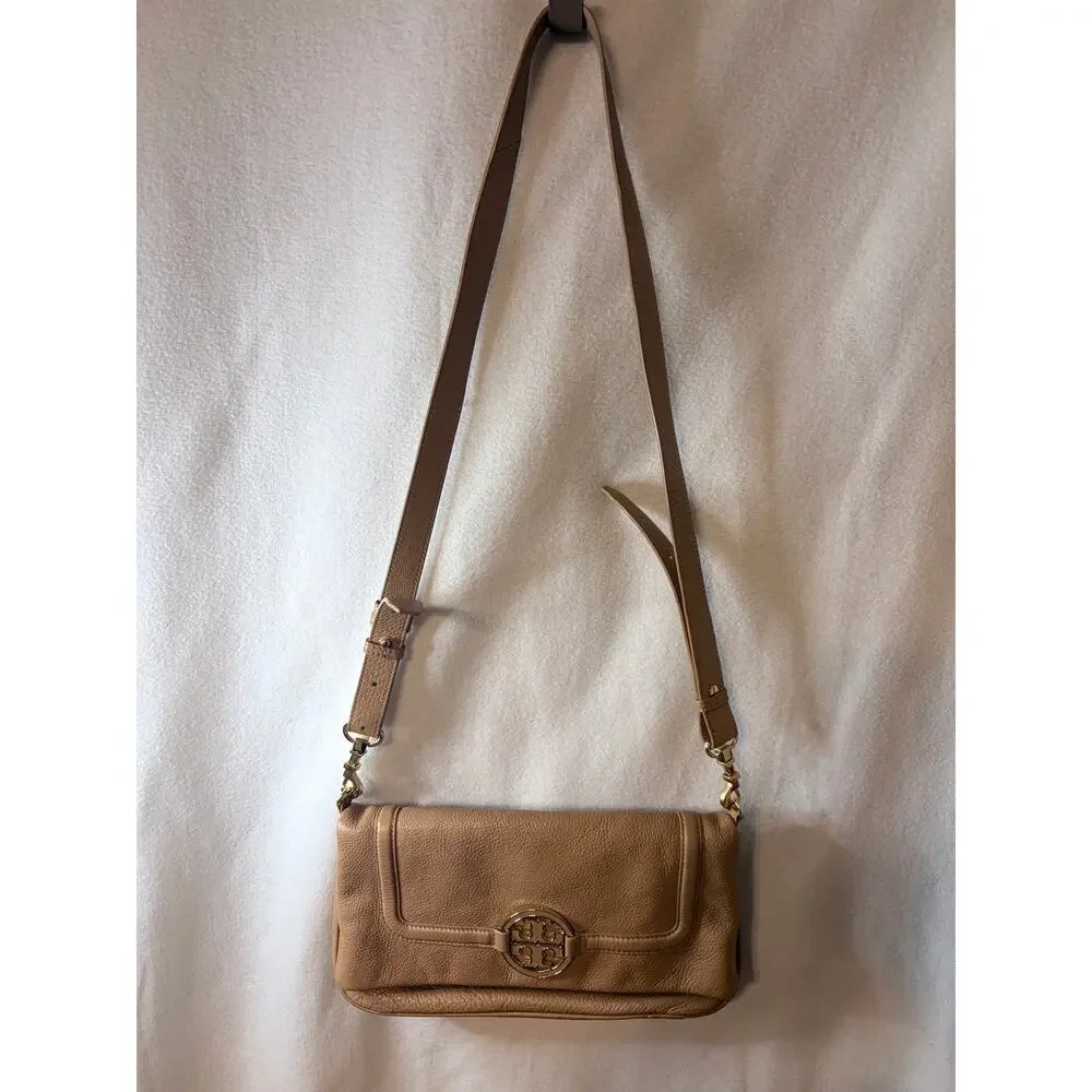 Tory Burch Amanda Fold-Over Crossbody Bag Tan Pebbled Leather Reva Medallion
